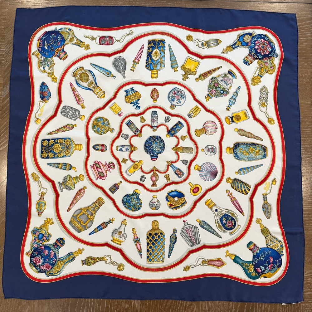 Authentic Hermes Elegant Blue And Cream Silk Scarf